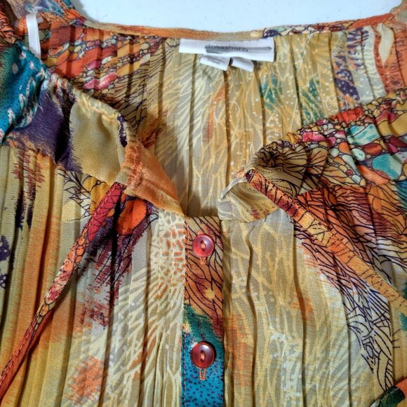 Dressbarn Shirt Large Sleeveless Pleated Button Up Orange Whimsical Forest Fairy - Picture 16 of 16